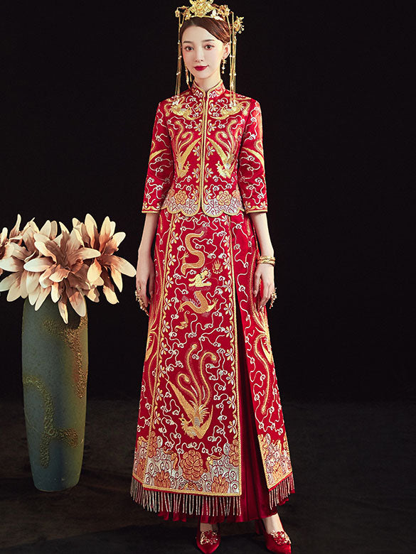 Traditional Chinese Wedding Qun Gua with Embroidered Dragon Phoenix
