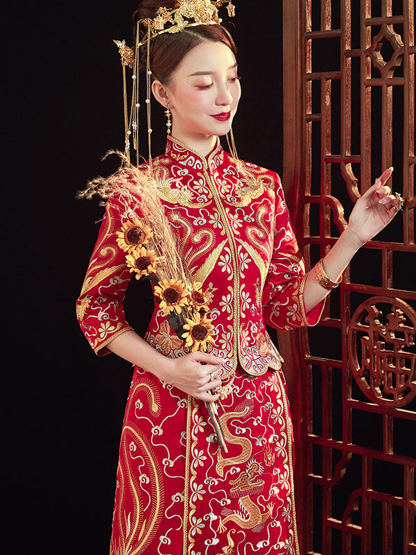 Traditional Chinese Wedding Qun Kwa with Embroidered Dragon Phoenix ...