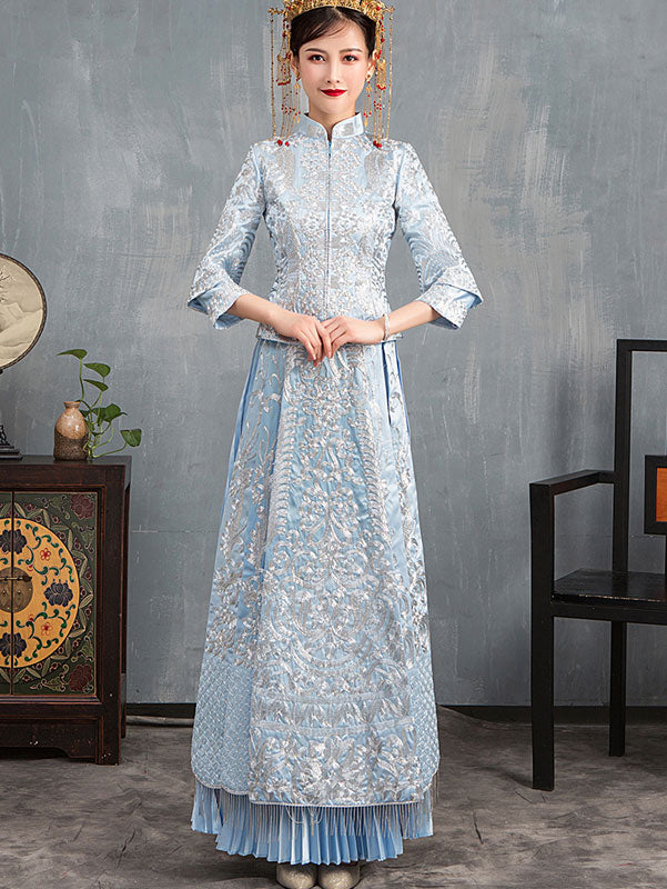 Blue Embroidered Wedding Qun Gua & Pleated Skirt