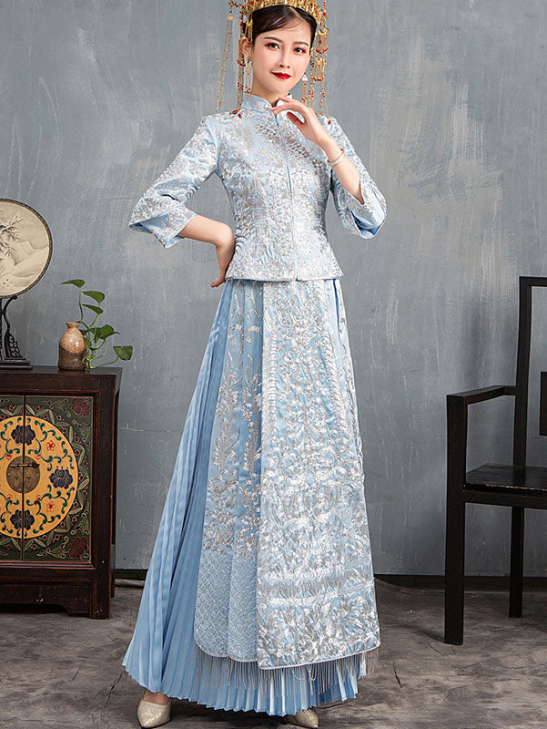 Blue Embroidered Wedding Qun Gua & Pleated Skirt