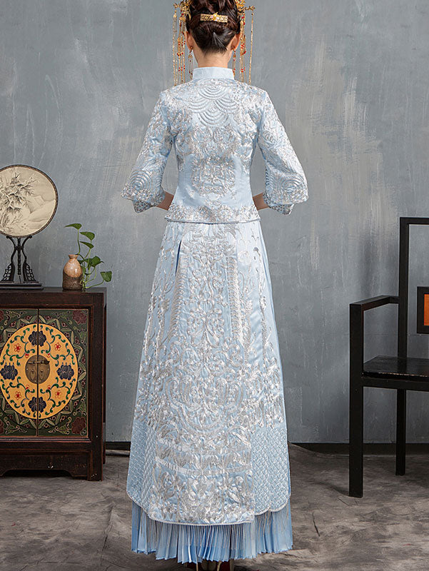 Blue Embroidered Wedding Qun Gua & Pleated Skirt