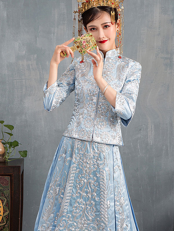 Blue Embroidered Wedding Qun Gua & Pleated Skirt