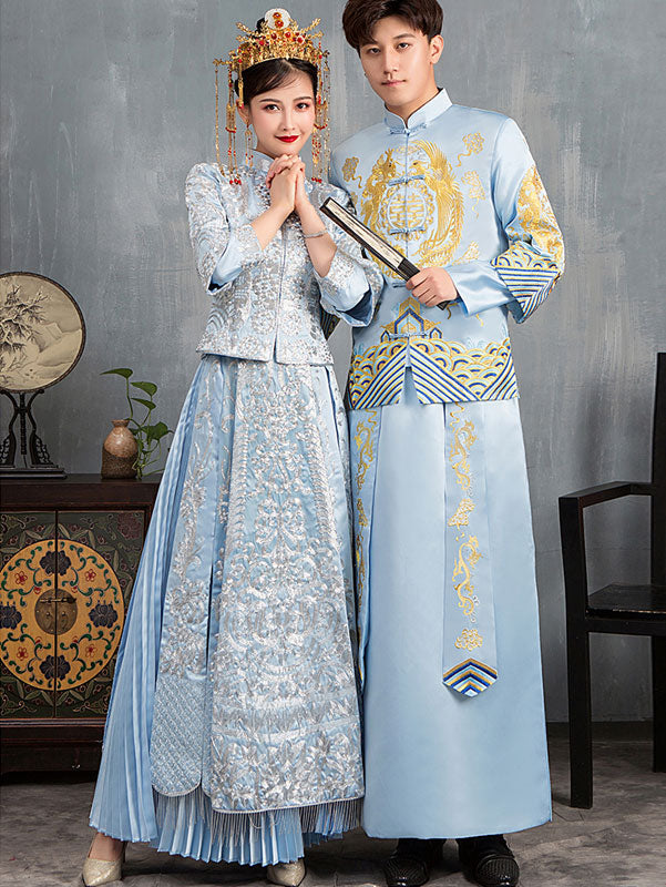 Blue Embroidered Wedding Qun Gua & Pleated Skirt