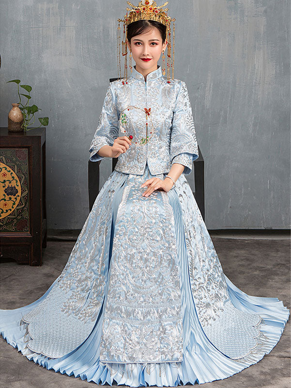 Blue Embroidered Wedding Qun Gua & Pleated Skirt