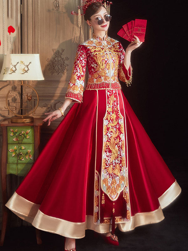 2022 Dragon Phoenix Wedding Bridal Qun Gua with Fit & Flare Skirt