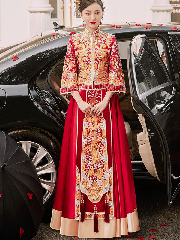 2022 Dragon Phoenix Wedding Bridal Qun Gua with Fit & Flare Skirt