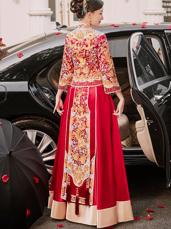 2022 Dragon Phoenix Wedding Bridal Qun Gua with Fit & Flare Skirt
