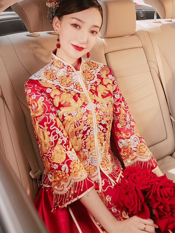 2022 Dragon Phoenix Wedding Bridal Qun Gua with Fit & Flare Skirt
