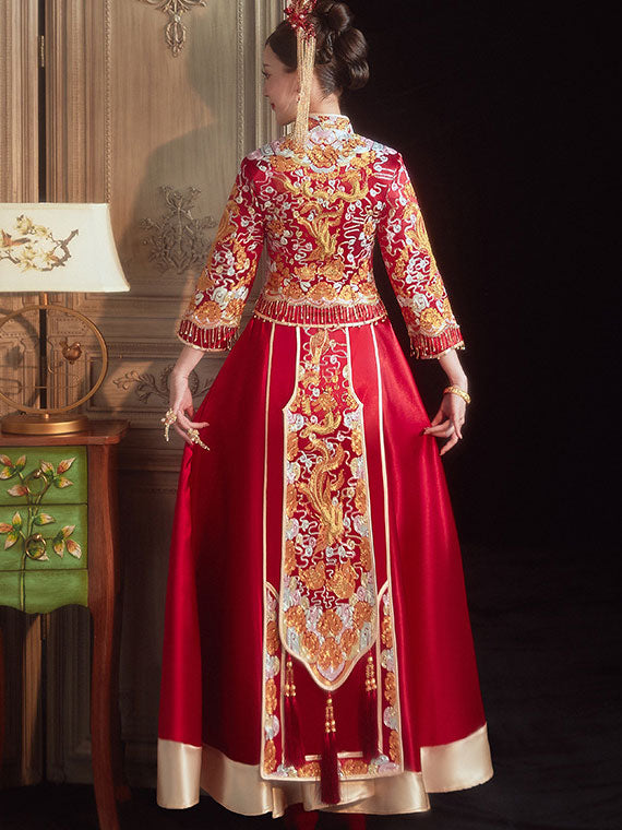 2022 Dragon Phoenix Wedding Bridal Qun Gua with Fit & Flare Skirt