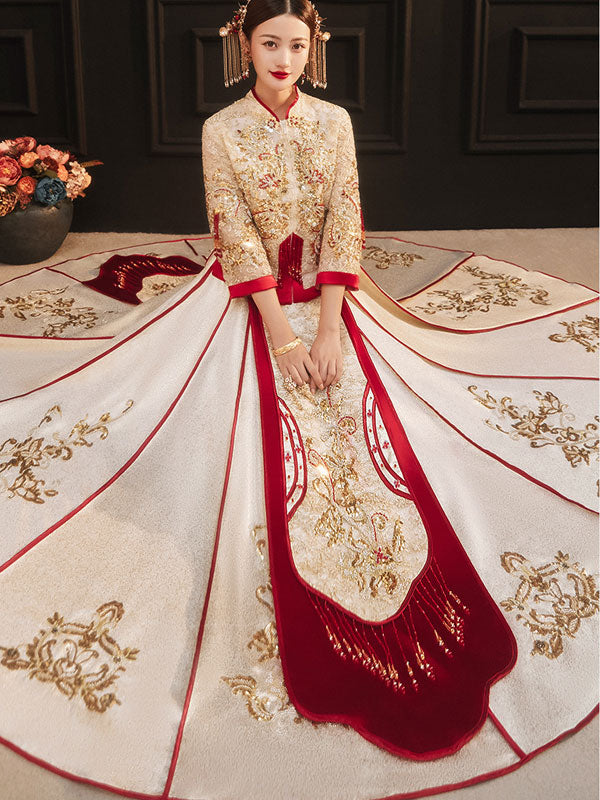 Champagne Sequined Wedding Bride Xiu He Qun Gua