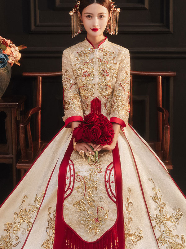 Champagne Sequined Wedding Bride Xiu He Qun Gua