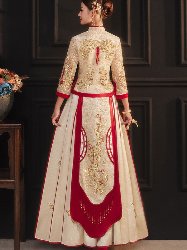 Champagne Sequined Wedding Bride Xiu He Qun Gua