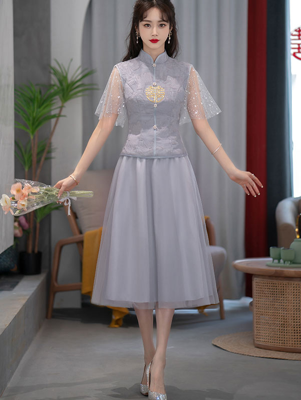 2 Pieces Pink Gray Bridesmaids Wedding Qun Gua Dress