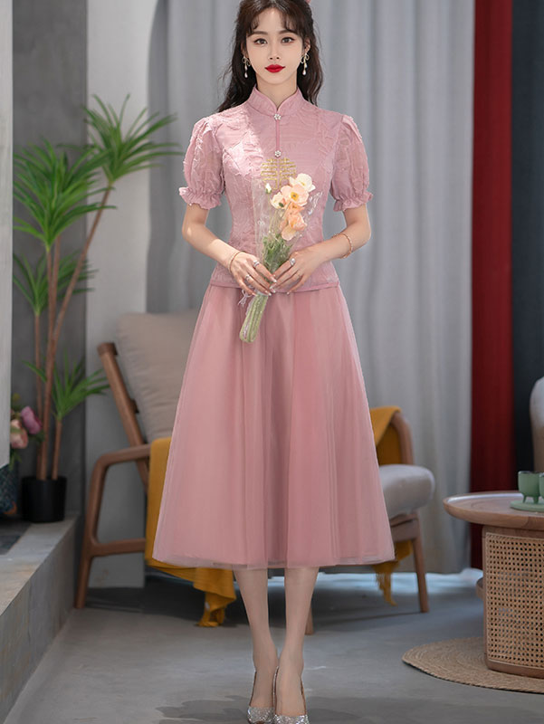 2 Pieces Pink Gray Bridesmaids Wedding Qun Gua Dress