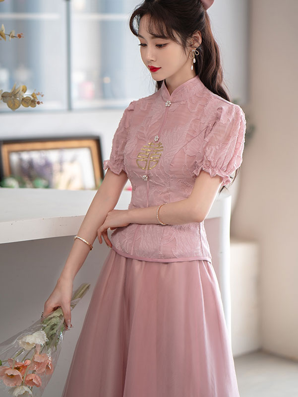 2 Pieces Pink Gray Bridesmaids Wedding Qun Gua Dress