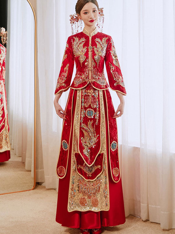 Red Sequined Phoenix Wedding Bridal Groom Qungua XiuHe