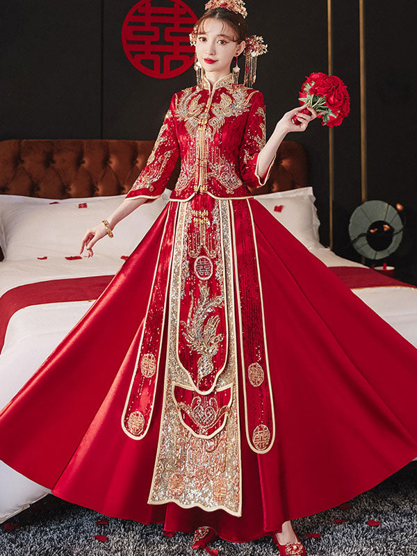 Red Sequined Phoenix Wedding Bridal Groom Qun Kwa Xiu He