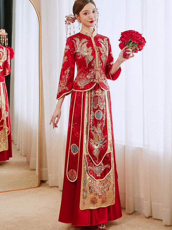 Red Sequined Phoenix Wedding Bridal Groom Qun Kwa Xiu He