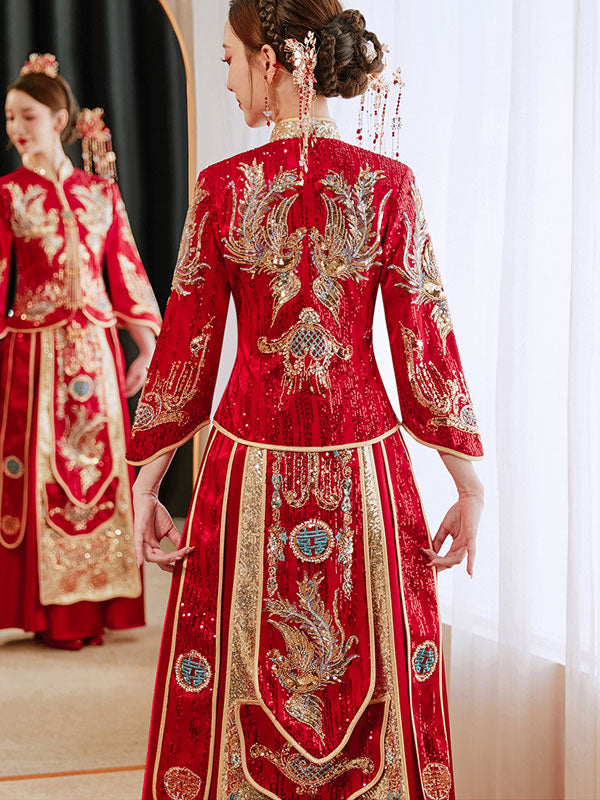 Red Sequined Phoenix Wedding Bridal Groom Qungua XiuHe