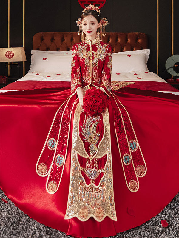 Red Sequined Phoenix Wedding Bridal Groom Qungua XiuHe