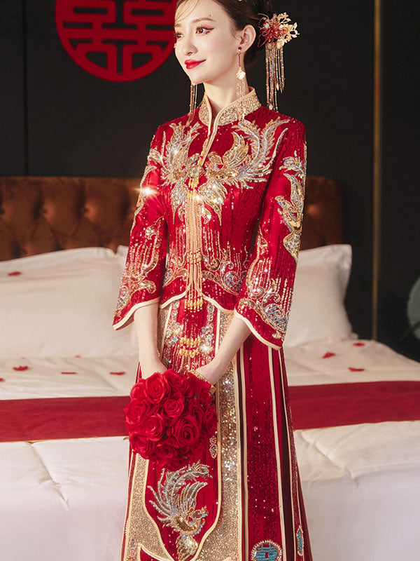 Red Sequined Phoenix Wedding Bridal Groom Qungua XiuHe