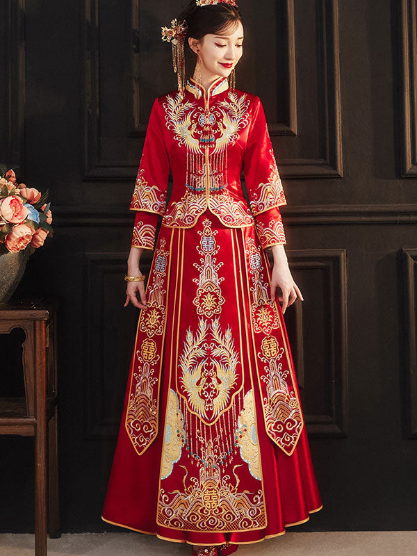 Red Embroidered Phoenix Wedding Bridal Qun Gua Xiuhe