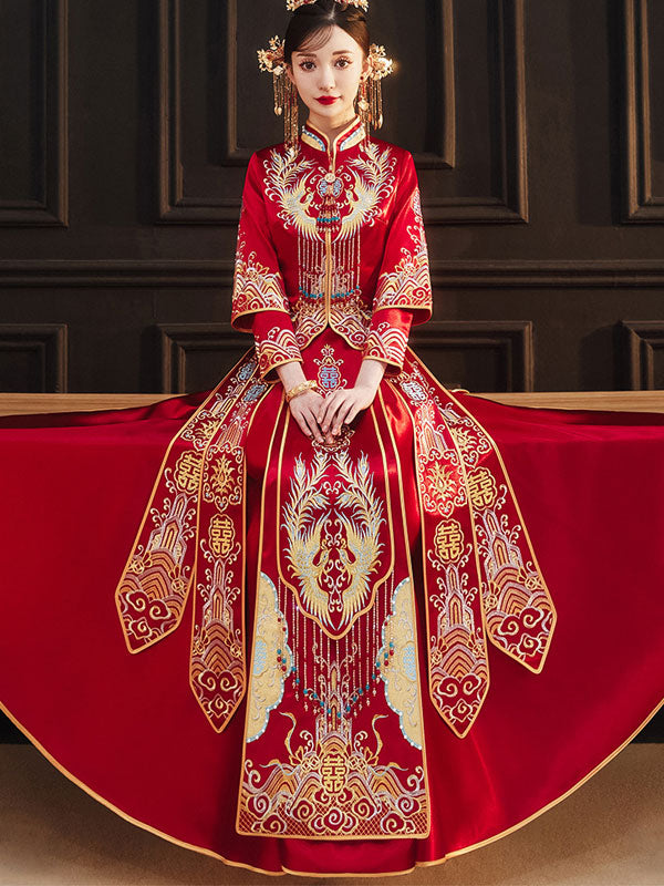 Red Embroidered Phoenix Wedding Bridal Qun Gua Xiuhe
