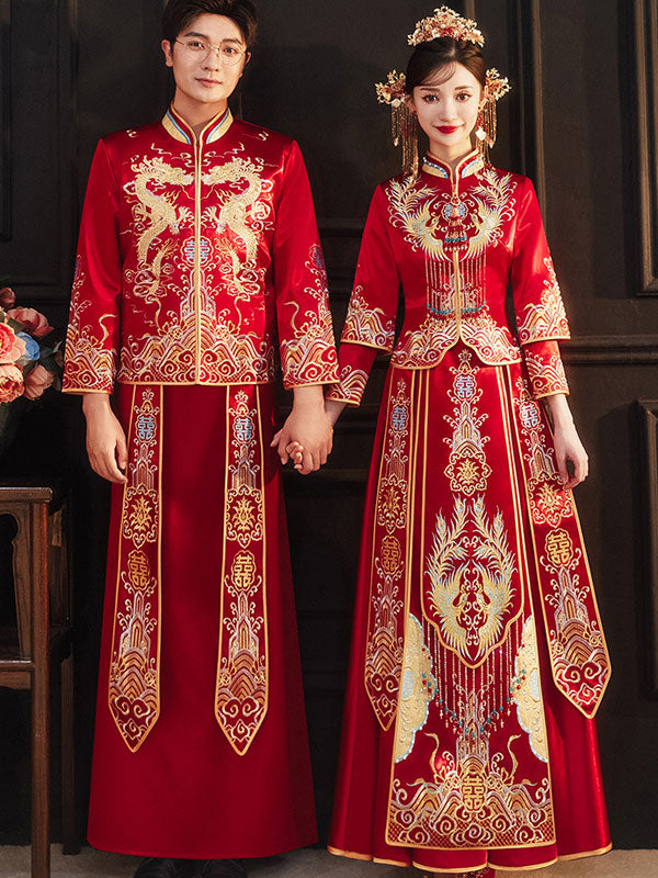 Red Embroidered Phoenix Wedding Bridal Qun Gua Xiuhe