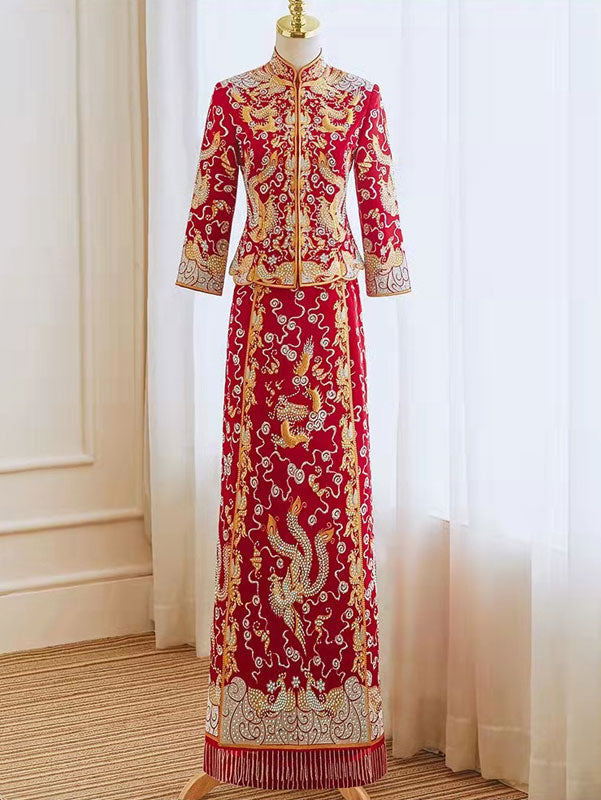 Beaded Embroidered Dragon Phoenix Wedding Bride Qungua