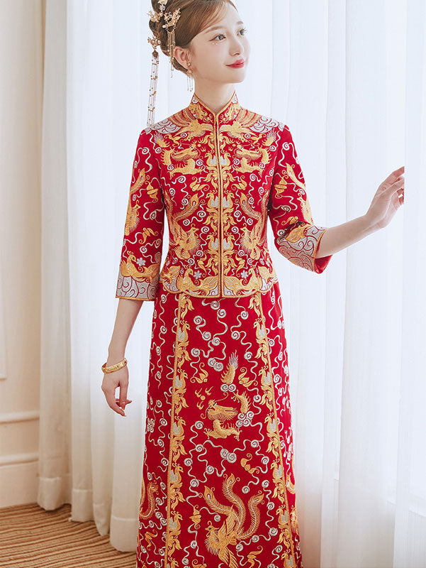 Beaded Embroidered Dragon Phoenix Wedding Bride Qungua