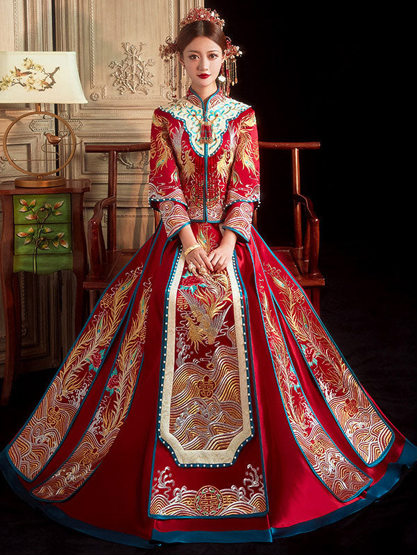 2023 Red Beaded Phoenix Wedding Bride Qun Gua Xiu He