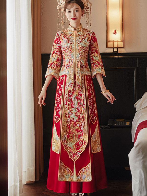 2023 Beaded Dragon Phoenix Wedding Bride Qungua Xiuhe