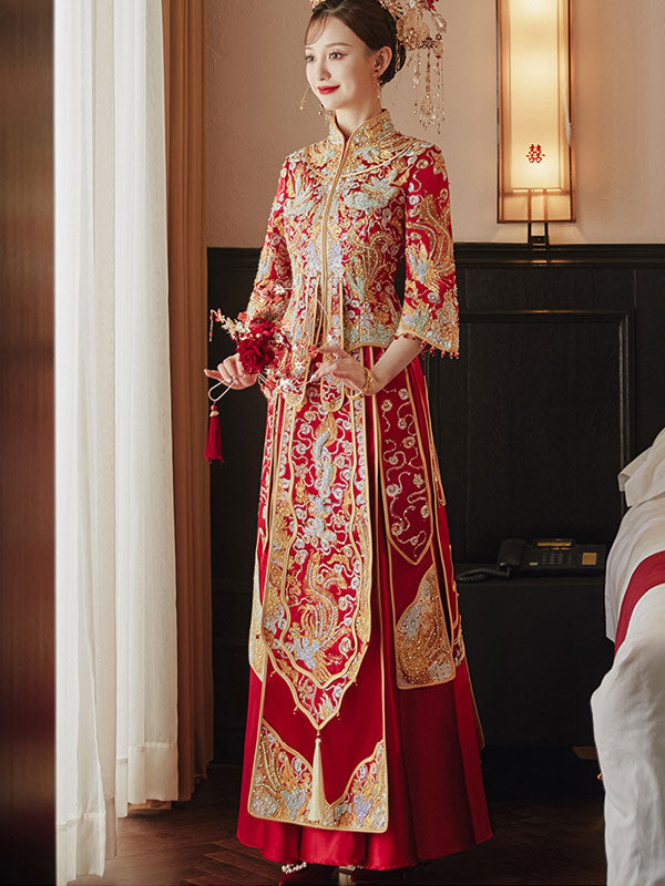 2023 Beaded Dragon Phoenix Wedding Bride Qungua Xiuhe