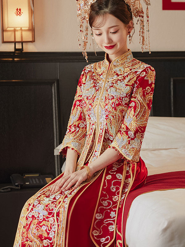 2023 Beaded Dragon Phoenix Wedding Bride Qungua Xiuhe