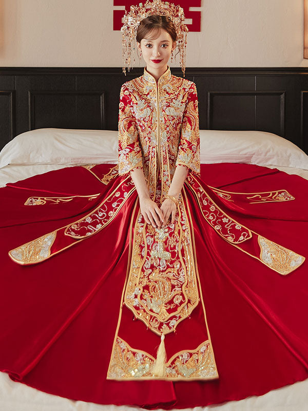 2023 Beaded Dragon Phoenix Wedding Bride Qungua Xiuhe