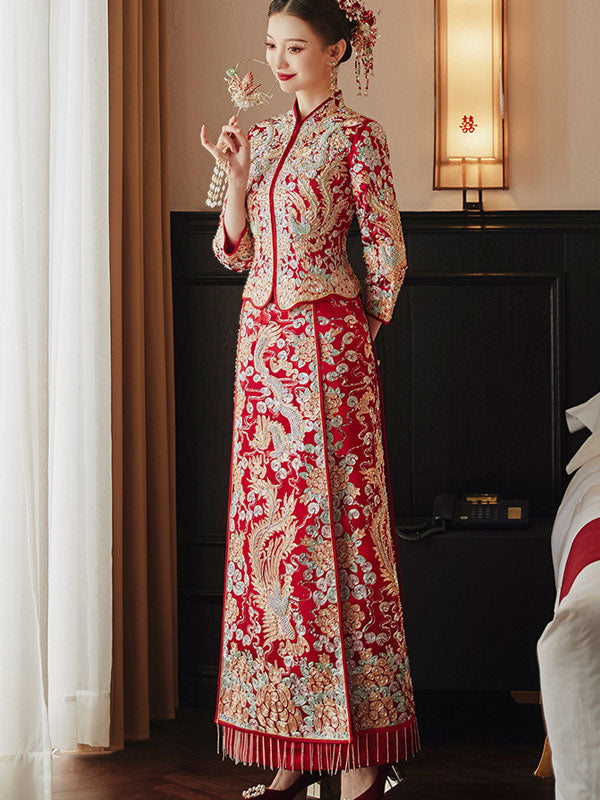 2023 Beaded Dragon Phoenix Embroidery Wedding Bride Qungua
