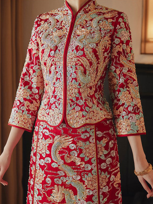 2023 Beaded Dragon Phoenix Embroidery Wedding Bride Qungua