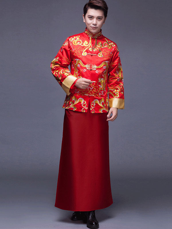 Red Embroidered Men's Wedding Qun Gua, Jacket & Gown