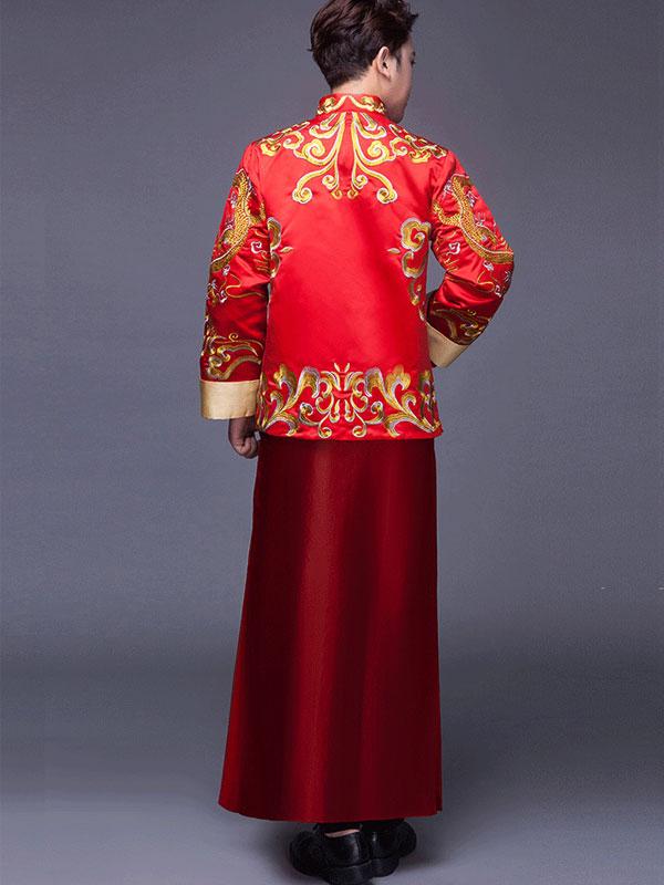 Red Embroidered Men's Wedding Qun Gua, Jacket & Gown