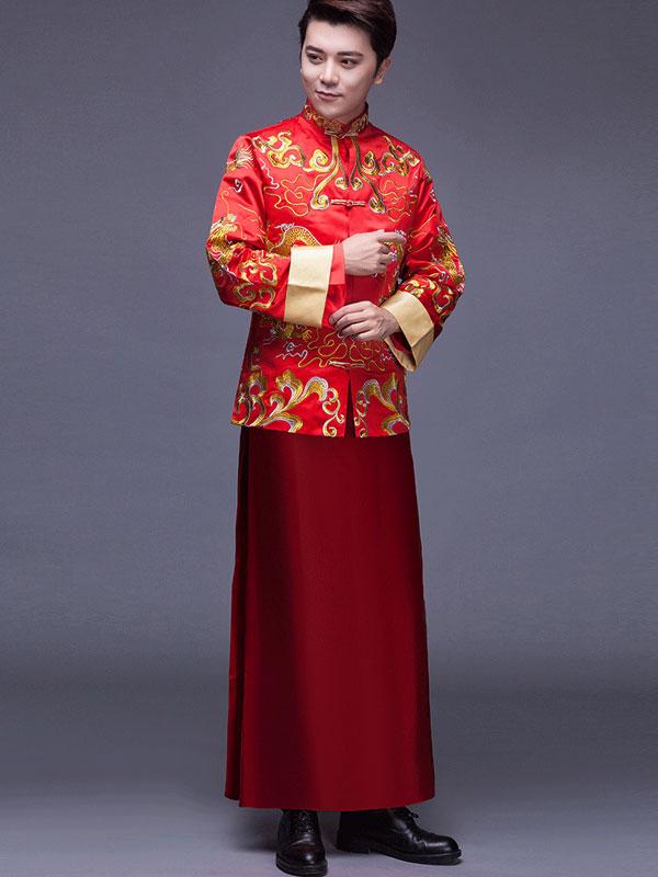 Red Embroidered Men's Wedding Qun Gua, Jacket & Gown