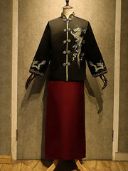 Movie Star Black Embroidered Men's Wedding Suit, Jacket & Skirt