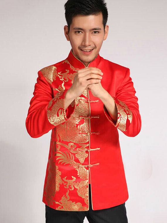Red Woven Dragon Traditional Men's Wedding Jacket