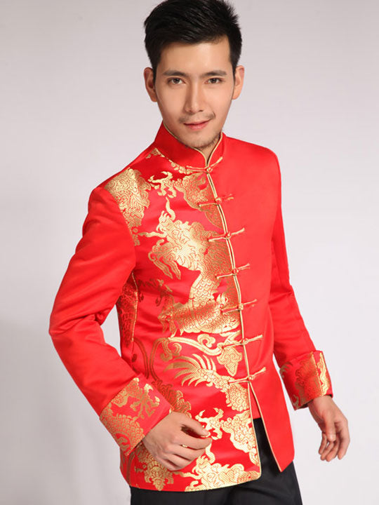 Red Woven Dragon Traditional Men's Wedding Jacket