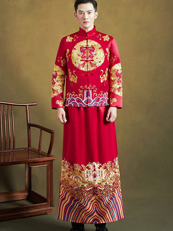 Red Shimmering Embroidered Phoenix Wedding Qun Kwa