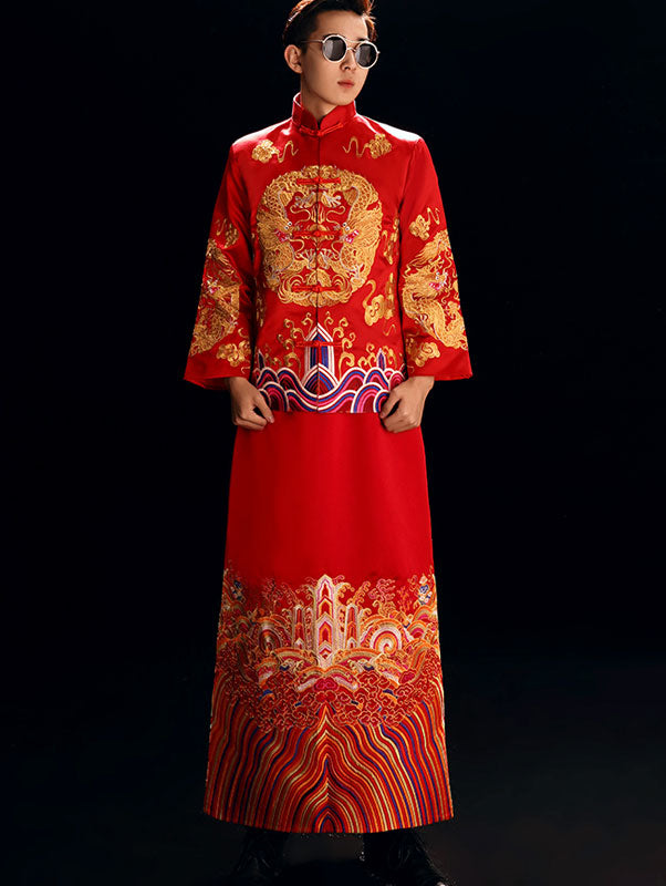 Red Embroidered Men's Dragon Wedding Suit, Jacket & Skirt