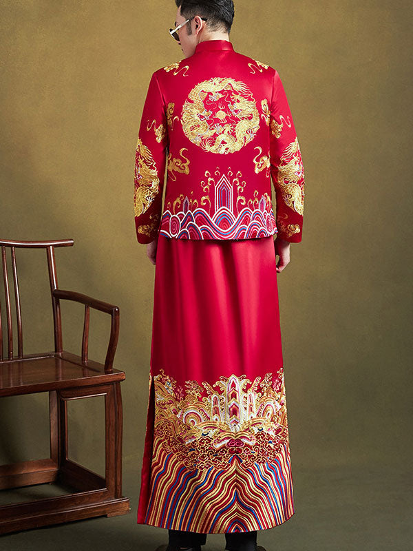Red Shimmering Embroidered Phoenix Wedding Qun Kwa