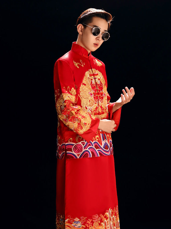 Red Embroidered Men's Dragon Wedding Suit, Jacket & Skirt