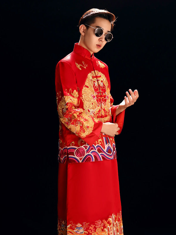Red Embroidered Men's Dragon Wedding Suit, Jacket & Skirt