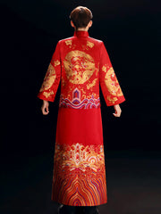 Red Embroidered Men's Dragon Wedding Suit, Jacket & Skirt