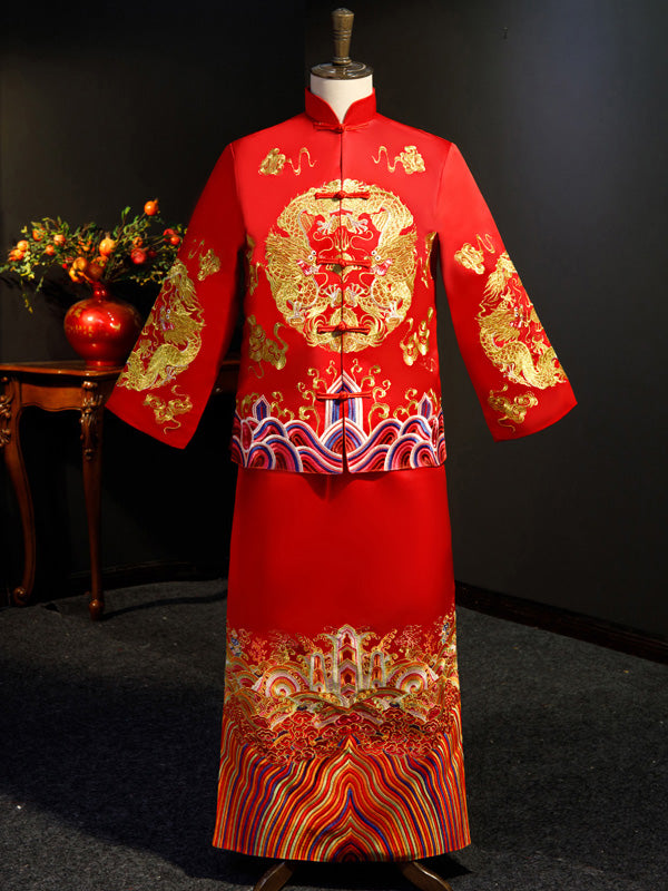 Red Embroidered Men's Dragon Wedding Suit, Jacket & Skirt